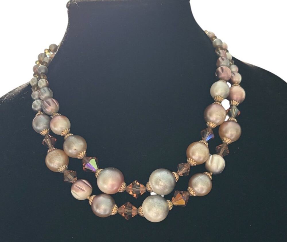 Vintage Pink Purple Beaded Two Strand Necklace, Adjustable Hook Clasp, Retro